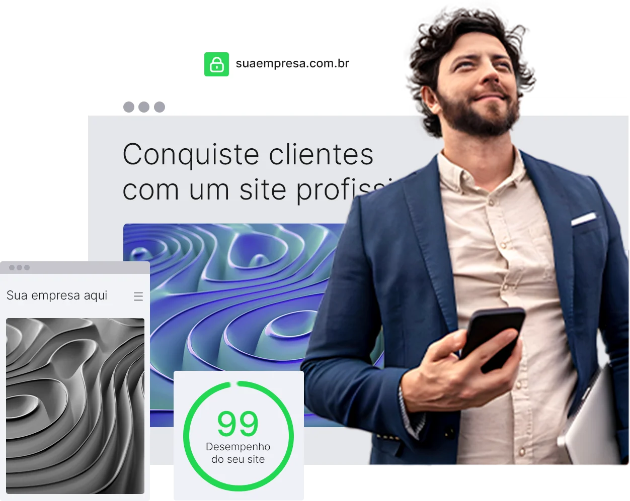 Banner cujo conteúdo é disposto de forma dinâmica, onde mostra um empresário feliz e satisfeito com o seu site profissional feito pela Venera. Ao lado vemos testes de desempenho apontando uma nota 99 de velocidade e um celular que demonstra a responsividade do seu site.