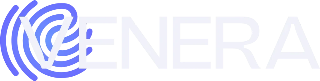 Logo da empresa Venera Digital com escritos em branco e símbolo Roxo